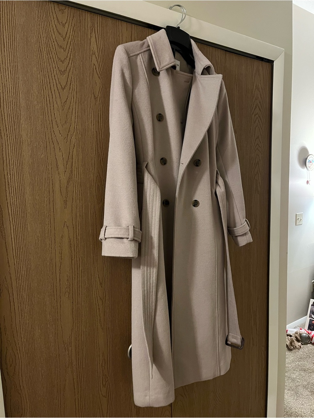 Cole Haan Light Beige Double-Breasted Wool Trench Coat with Belt - Picture 3 of 8